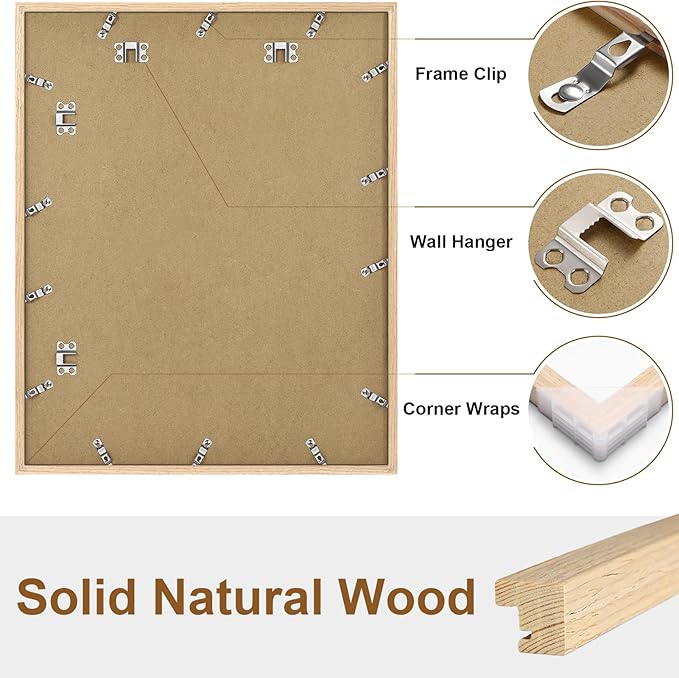 Vittanly 16x20 Picture Frame, Solid Wood Frame with Plexiglass, Includes 11x14 Mat, Wall Hanging for Photos, Home Decor, Natural, 1 Pack