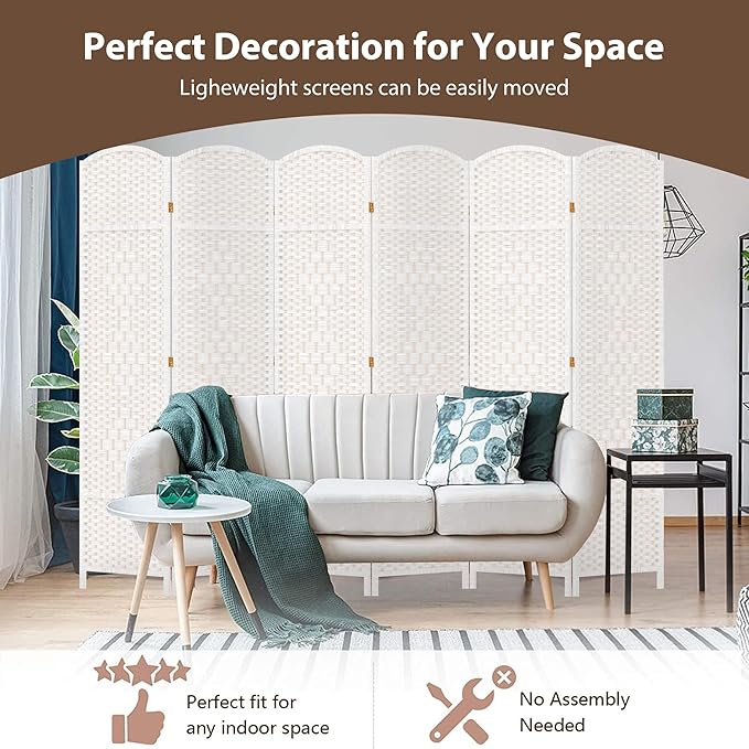 Duraspace 6 Panels Room Divider 6 FT Tall Weave Fiber Privacy Screen Freestanding Double Hinged Folding Screen Extra Wide Room Dividers for Patio Privacy (Off White)