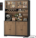 HOSTACK 75.4" Tall Kitchen Pantry Cabinet with Charging Station, Modern White Kitchen Hutch with Microwave Stand and Wine Rack, Large Food Pantry Storage Cabinet with Glass Doors and Drawers, Brown