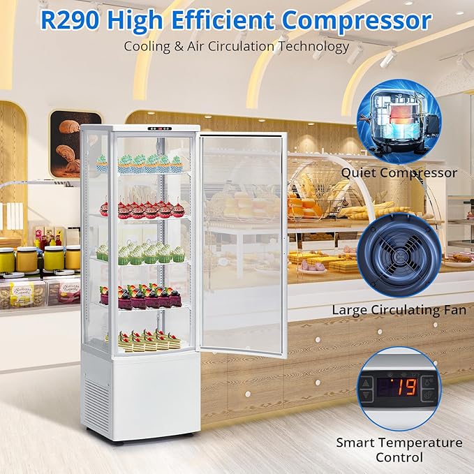 Commercial Display Refrigerator, Glass Door Merchandiser Cooler with Adjustable Shelves, LED Lighting, Sliding Rear Door, Temperature Control for Bakery, Cafe, Restaurant, Store