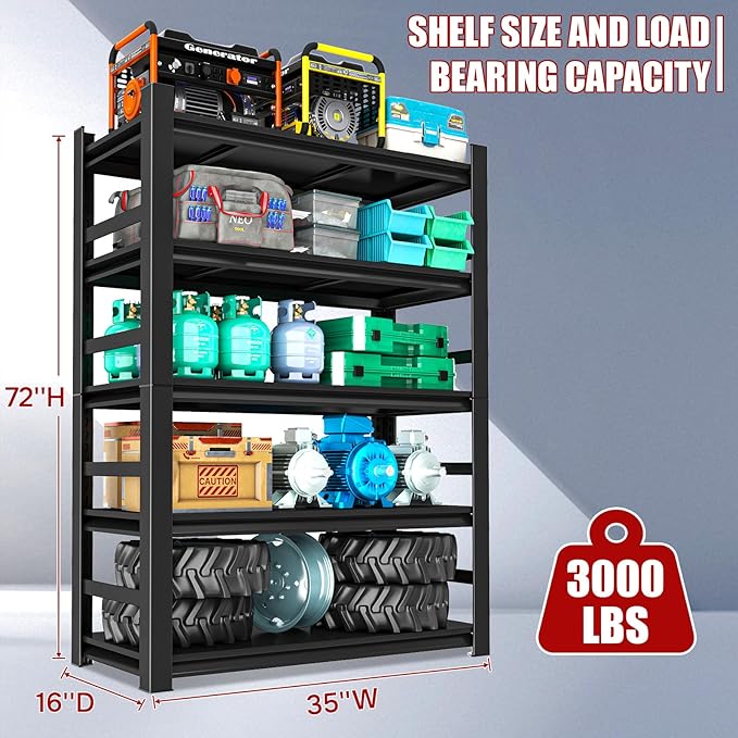 72" H Metal Garage Shelving Unit, 5-Tier Heavy Duty Storage Shelves, 3000 lbs Capacity, Adjustable, Industrial Steel Utility Shelf for Garage, Workshop, Basement, 35" Wx16 D, Black
