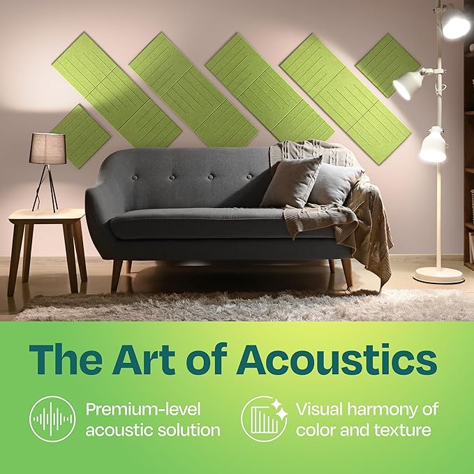 Acoustic Panels 12-Pack Soundproof Wall Panels 12"x12"x0.4" Decorative Sound Dampening for Your Home, Office, Studio, Bedroom & More with Unique LineWave Carving [Gin Green]