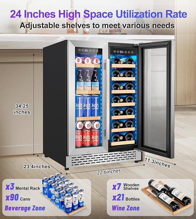 3 LED Wine and Beverage Refrigerator, 90 Can & 21 Bottle Dual Zone Stainless-Steel Wine Beverage Cooler, 24 Inch Built-In or Freestanding Wine and Drink Fridge Fast Cooling for Home/Kitchen