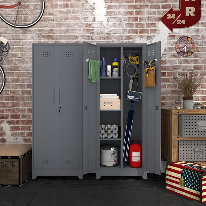 65" H Metal Storage Cabinet,Broom Closet Storage Cabinet with Adjustable Shelves,Locking Steel Cabinets with Pegboard and Hanging Rod,Utility Closet for Brooms and Mops,Grey