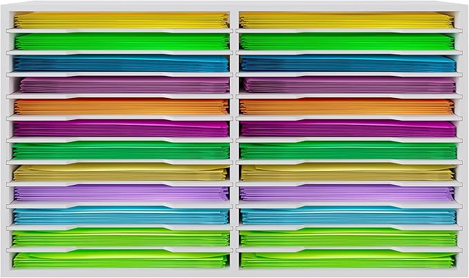 EasyPAG Scrapbook Paper Storage Organizer for Craft Room, 12x12 Paper Storage Desk Shelf, 24 Slot Adjustable File Sorter for Office School Classroom, White