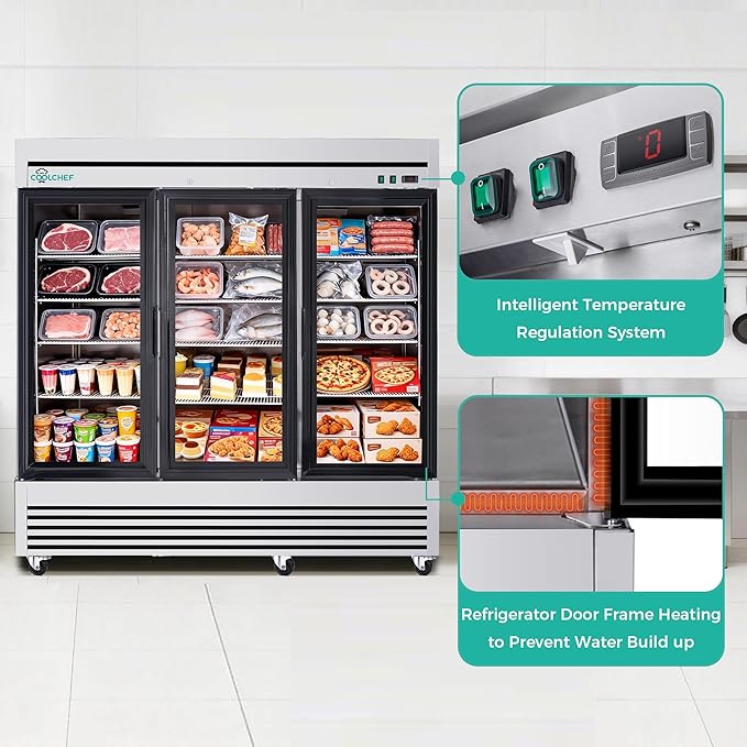 COOLCHEF 81"Commercial Glass Door Freezer, 72 Cu.Ft Triple-Door Reach-In Freezer, -8~0℉, Heated Triple Low-E Glass, 12 Shelves, R290