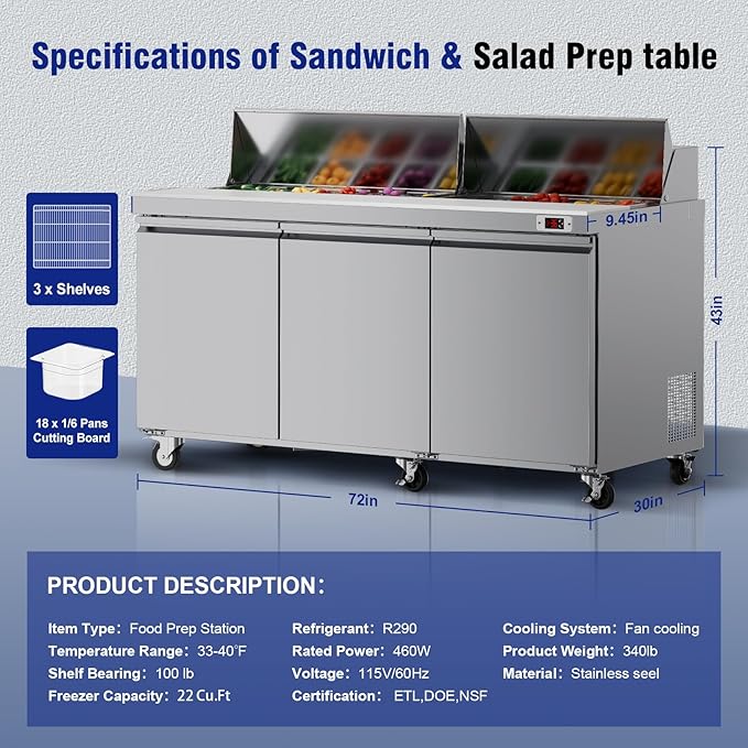 72’’ W Commercial Refrigerator Sandwich Salad Prep Table Refrigerators 3 Door with 18 Pans, Prep Station Fridge for Restaurant, Bars, Shops