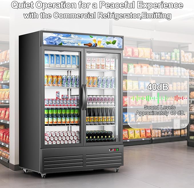 Tylza Commercial Refrigerator, Double Glass Door Display Beverage Fridge, 41.3 Cu Ft Upright Beverage Cooler Merchandiser with Replaceable Advertising Light Board, Rebound Door, Fast Cooling, Black