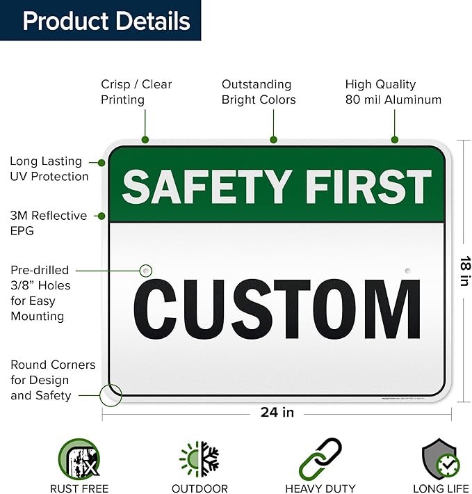 Custom Safety First Sign, Ansi Sign, Osha Compliant, 18x24 Inches, 3M EGP Reflective, Rust Free .080 Aluminum, Fade Resistant, Made in USA by My Sign Center