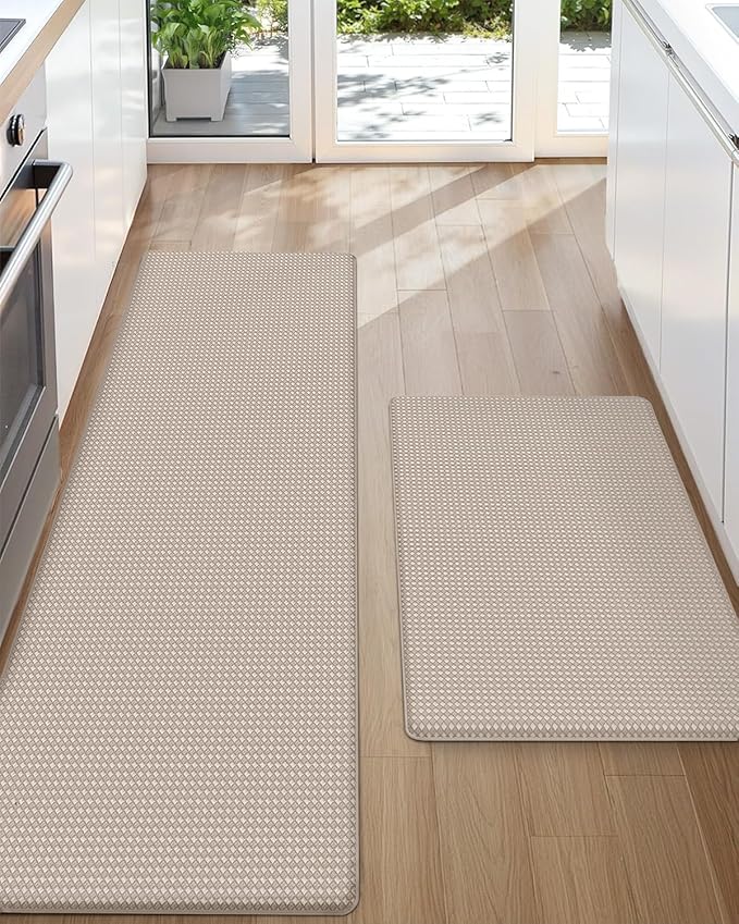 Color&Geometry Anti Fatigue Cushion Padded Kitchen Mat for Floor - 17x29+17x59,Easy Clean, Water & Oil Proof, Anti Slip, Foam Rubber Runner Rug for Front Sink Comfort Standing,Dark Beige Set of 2