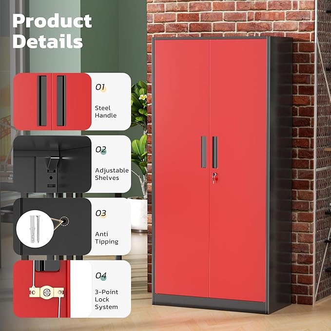 Greenvelly Metal Garage Storage Cabinet, 72" H Steel Lockable Storage Cabinet with 2 Doors and 4 Adjustable Shelves,Tall Metal Cabinet Locking File Cabinet for Office,Home, Garage, Gym, School