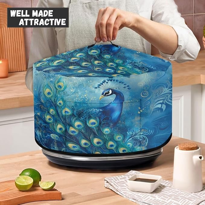 Blue Peacock Floral Print Slow Cooker Cover Fits 6/7/8 Quart Large Crock Pot Practical Electric Pressure Cooker Cover Keep Kitchen Clean and Easy to Use, 16x14x9.6 Inch
