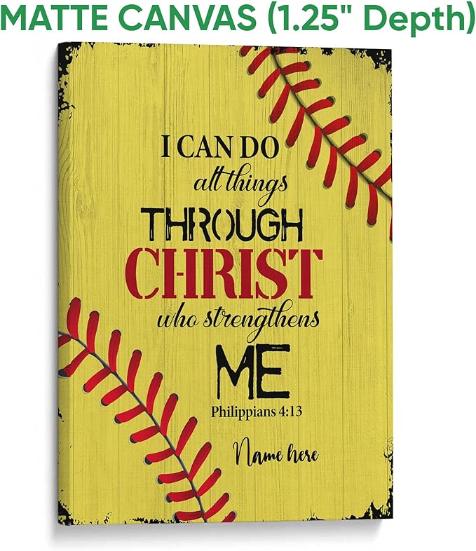 Personalized Softball Poster & Framed Canvas, I Can Do All Things Through Christ Bible Verse - Philippians 4:13 Home Office Decor, Custom Name Bedroom Living Room Aesthetic Wall Art