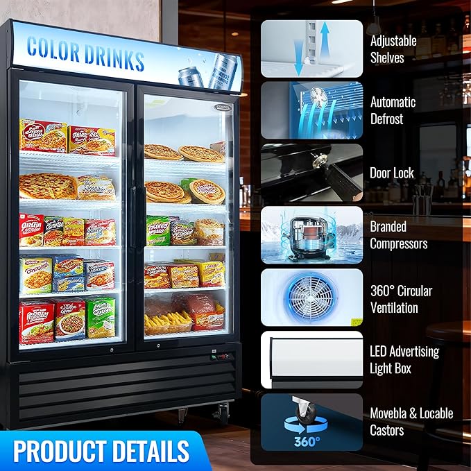 mikibama Glass Door Merchandiser Freezer, 44.7 Cu.ft Swing Door Commercial Reach-In Display Refrigerator with LED Top Panel Upright Freeze Storage, Double Cabinet, Black