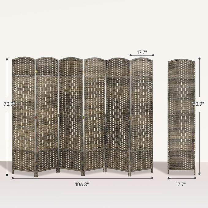 HOMCOM 6 Panel Room Divider, 6' Tall Folding Privacy Screen, Woven Freestanding Wall Partition for Home Office, Bedroom, Dark Rustic Oak