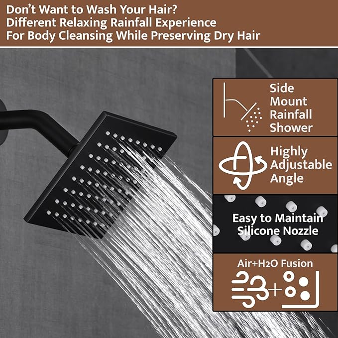 Shower System Matte Black, Push Button Diverter Shower Faucet with 3 in 1 Handheld, Ceiling Mount 12 Inch Shower Head with 6 Inch Wall Mount Shower Head