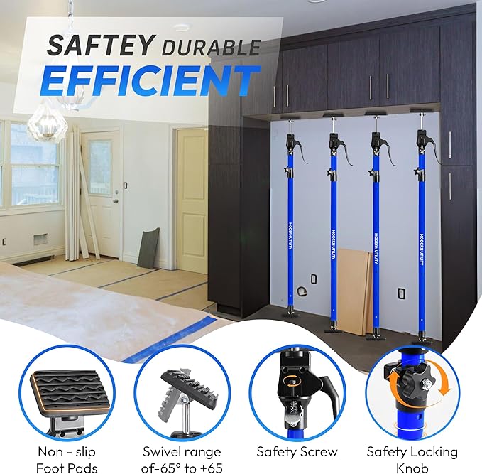 Adjustable Cabinet Jacks for Installing Cabinets (45.3-114.2 Inches 4 Pack) Heavy Duty 200 lb Metal Quick Support Rod & Third Hand Support System with Swivel Non-Slip Pads for Drywall and Ceilings.