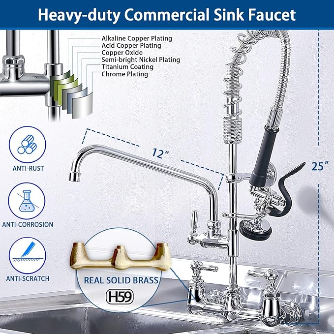 Commercial Sink Faucet with Sprayer, Wall Mount, 12' Swing Spout, 8 Adjustable Center, 25' Height for Restaurant Compartment Sink, Industrial, Chrome