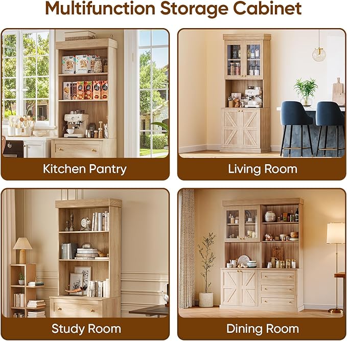 Vyre 71" Farmhouse Kitchen Pantry Cabinet Set of 4, Brown Freestanding Coffee Bar Hutch with Glass Doors & Adjustable Shelves, Large Storage Cabinet with Microwave Stand for Living Room & Kitchen