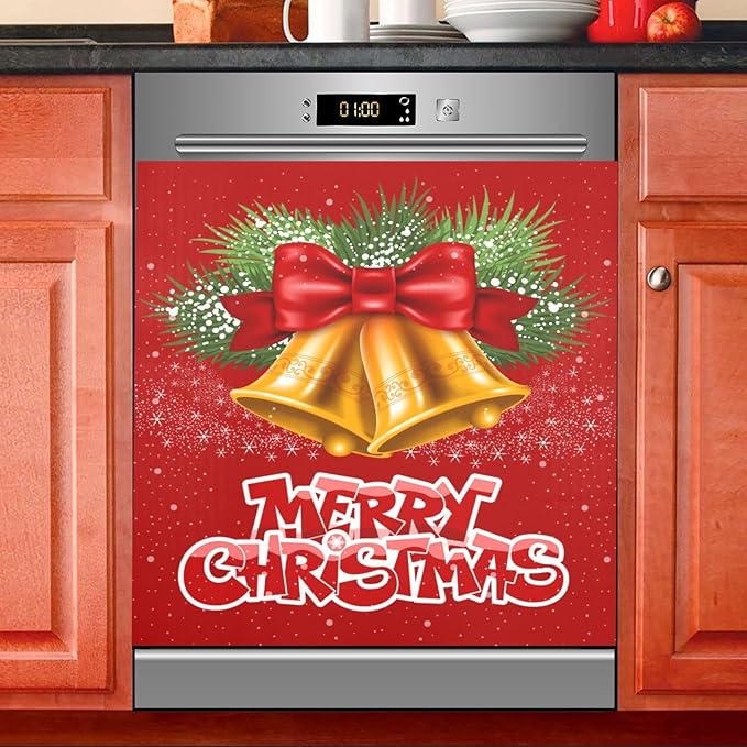 Christmas Bells Bow Dishwasher Magnet Cover Sticker Magnetic Refrigerator Panel Front Door Fridge Microwave Decal Decorative