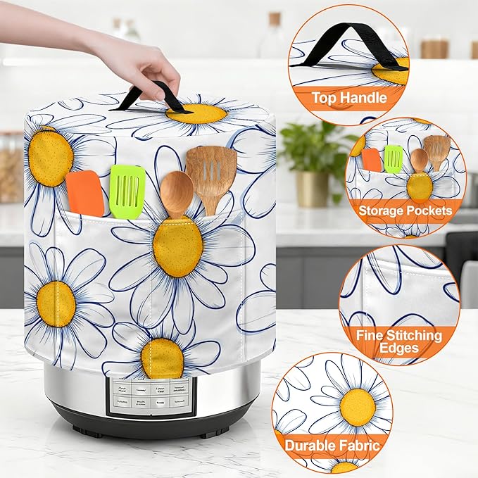 Kitchen Appliance Accessories Dust Cover for 3-6-8 Quart Instant Pot, Pressure Cooker, Air Fryer & Crock Pot,Decorative Appliance Cloth Cover with Top Handle & Storage Pockets (Daisy, 8 Quart)