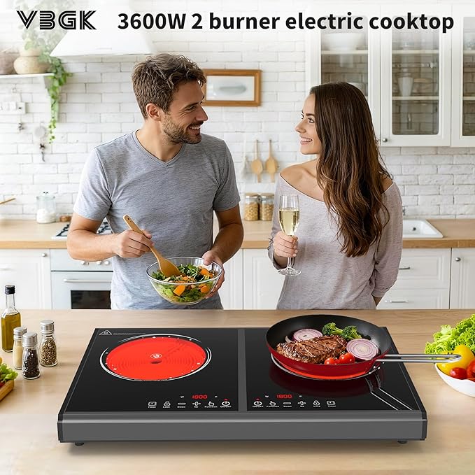 VBGK Electric Cooktop, 110V 3600w Stove top, 20 inch Countertop with 9 Power Levels, LED touch control Overheat Protection, Child Safety Lock & Timer, touch control 2 burer Electric cooktop