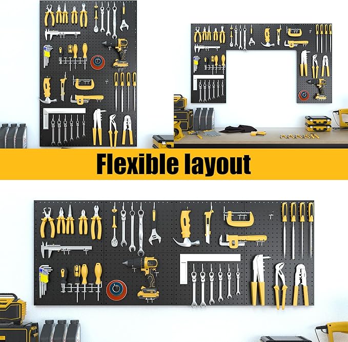Peg Board, 8 Pack Metal Pegboard Panels with 50 Hooks, Black Pegboards Wall Organizer, Heavy Duty Peg Board for Walls Home, Garage Tool Storage, Office Organization, Craft Room, Kitchen