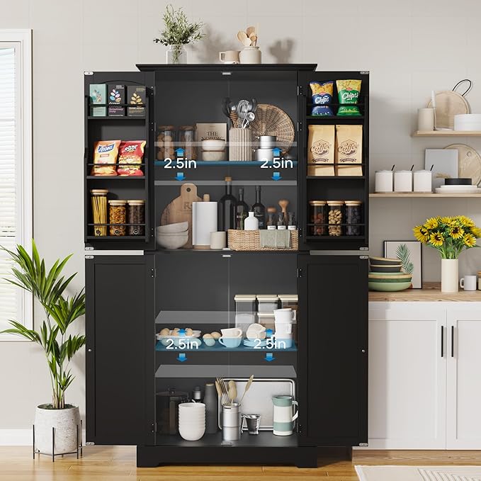 MHOM 71" Tall Pantry Cabinet, Farmhouse Kitchen Storage Cabinet with 6 Hanging Shelves and Adjustable Shelves, Freestanding Cupboard for Kitchen & Dining Room, Black