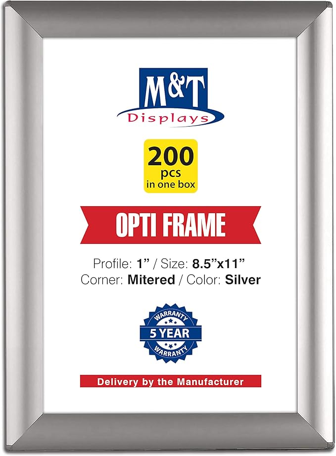 M&T Displays Opti Snap Poster Frame 8.5x11 Inch Silver 1" Aluminum Profile Front Loading Wall Mounting Photo Picture Document Certificate Sign Holder Mitered Corner Anti Glare Cover (200 pack)