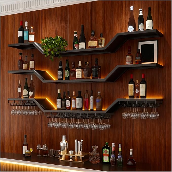 78.7in Modern LED Wine Rack Wall Mounted, 3-Tier Floating Bar Shelves with Wine Glass Rack, Large Hanging Liquor Shelf Wall Mounted, for Home Bar Dining Room Cafe Decorative (Black, 78.7in/200cm)