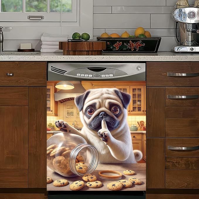 Dog Dishwasher Magnet Cover 23x26 Inch Funny Pug Dishwasher Magnet Cover Sticker Magnetic Refrigerator Panel Front Door Wash Machine Fridge Microwave Decal Home Kitchen Decorative