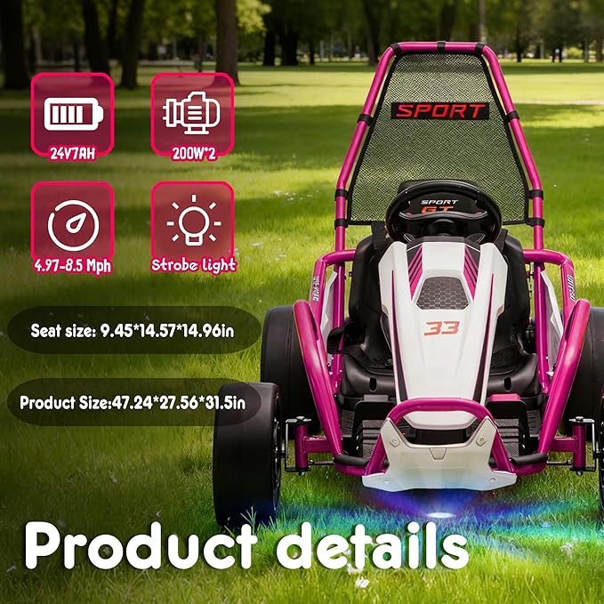 24V 8.5 MPH Electric Go Kart for Kids, 400W Powerful Drift Kart w/Front EVA Wheel & Metal Frame, Ride on Toy w/Music & Lights, Suspension, 2 Speed, 5 Point Harness, Crazy Cart for Ages 6+, Pink