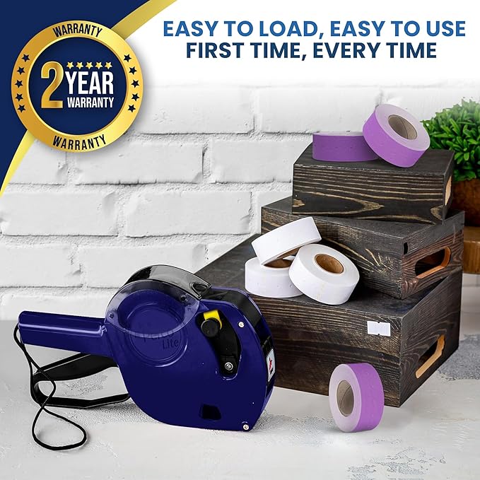 Perco Lite 1 Line Price Gun with Labels Kit - Includes 3 White Rolls, 3 Purple Rolls, 2 Ink Rollers, 1 Ink roll and Labels Pre-Loaded
