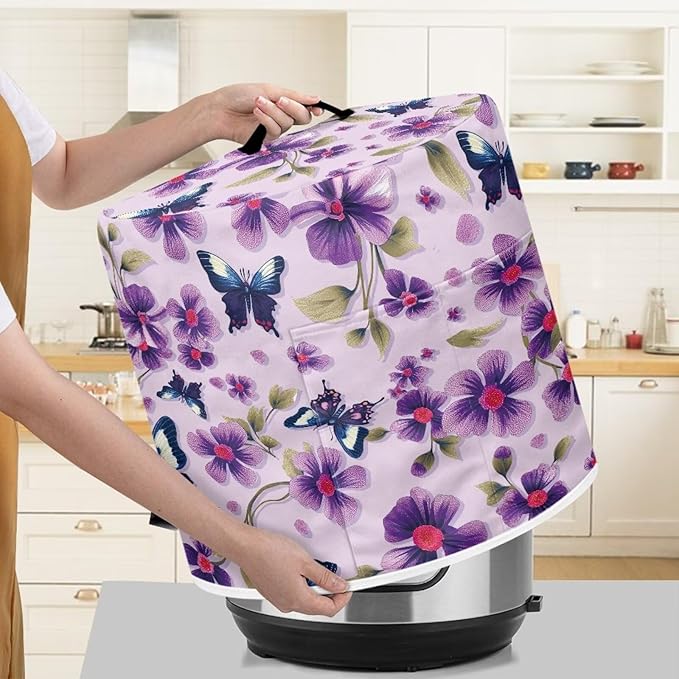 Purple Butterfly Flower Dust Cover for Kitchen Instant Pot Accessories Appliance Cover Quart Pressure Cooker Air Fryer Rice Cooker Kitchen Appliance Dust Covers with Storage Pockets Size L