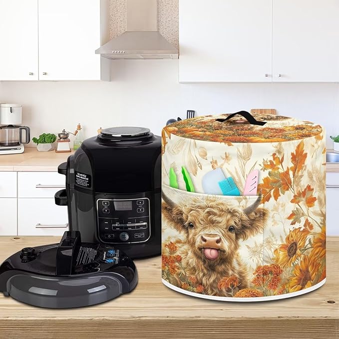 NEITLGEN Maple Leaf Highland Cow Kitchen Appliance Dust Cover Universal Size 8 Quart Pressure Cooker/Air Fryer/Rice Cooker Cover with Top Handle and Storage Pocket Thanksgiving Day Decor