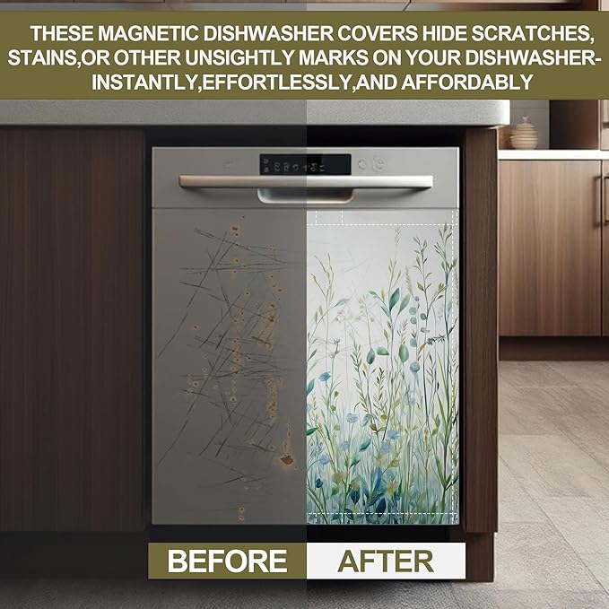 Watercolour Wildflowers Plants Dishwasher Magnets Decorative Cover,Magnet Fridge Panel Decal for Home Kitchen Decor,23x26 in