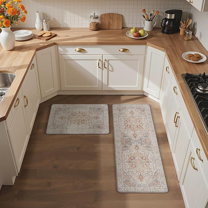 GENIMO Kitchen Mats for Floor, 2PCS Kitchen Rugs Non Slip Washable, Waterproof Anti Fatigue Mat, Comfort Standing Runner Rug for Sink, Office, Laundry, Home, 17.3"x47"+17.3"x30", Orange&Brown