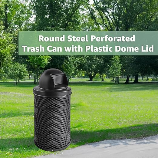 55 Gallon Perforated Recycle Container with Plastic Dome Lid, Steel Outdoor Heavy-Duty Commercial Trash Can, Black Round Waste Bin, Durable Garbage Can for Municipalities, Schools, Parks, Parking