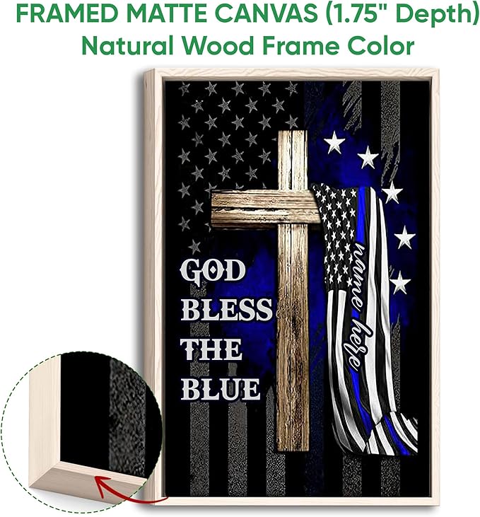 Personalized Police Poster & Framed Canvas, God Bless The Blue Home Office Decor, Custom Name Bedroom Living Room Aesthetic Wall Art Gift For Police Officer, Policeman, Husband, Men