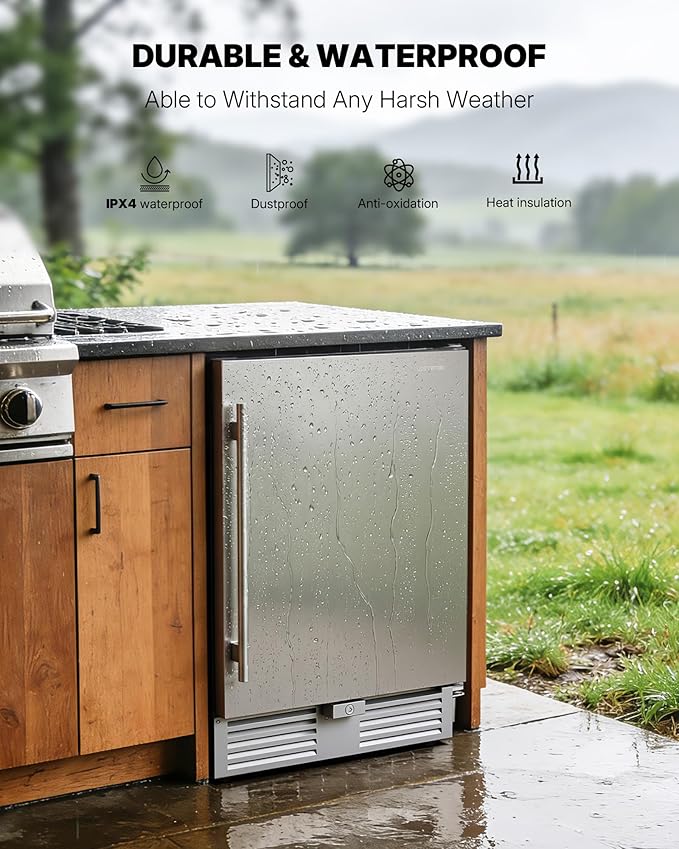 Upstreman 24 Inch Outdoor Refrigerator, Under Counter Refrigerator with Stainless Steel Door, Weatherproof, LED Light, Built-in or Freestanding Beverage Fridge for Home, Patio or Commercial Use-BR50