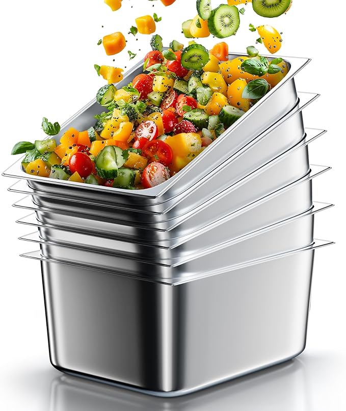 WantJoin Steam Table Hotel Pans 1/2 Half Size 6 Inch Deep 6 Pack, Stainless Steel Metal Tray Sets Food Storage Container for Restaurant Chafing Dishes Commercial Buffet Warmer Catering Supplies