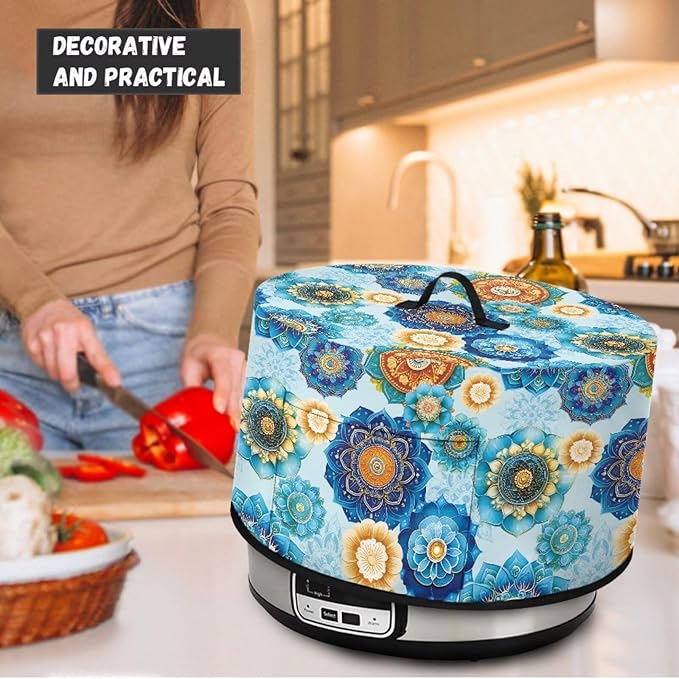 Boho Mandala Floral Blue Print Slow Cookers Dust Cover Fit Most 6/7/8 Quart Crock Pot Stain Resistant Air Fryer Cover with Accessory Pocket and Handle Washable