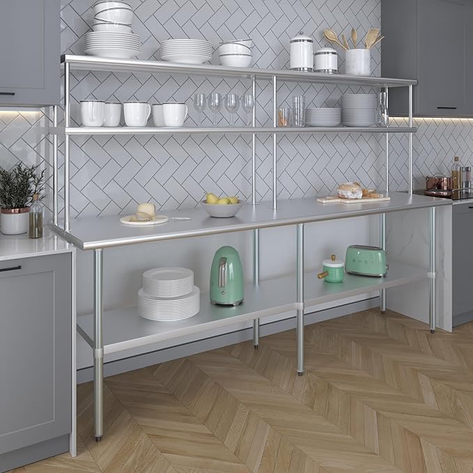 Amgood Stainless Steel Work Table Double Tier Overshelf | Metal Kitchen Prep Table & Shelving Combo (24" x 96" Work Table + 12" Overshelf)