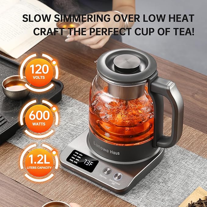 Titanium & Glass Electric Tea Kettle & Tea Maker, Pro Steam Extraction, 11 Temp & 10 Strength Levels, 12H Auto Warm, 1.2L 600W 120V,BPA-Free, 2Infusers