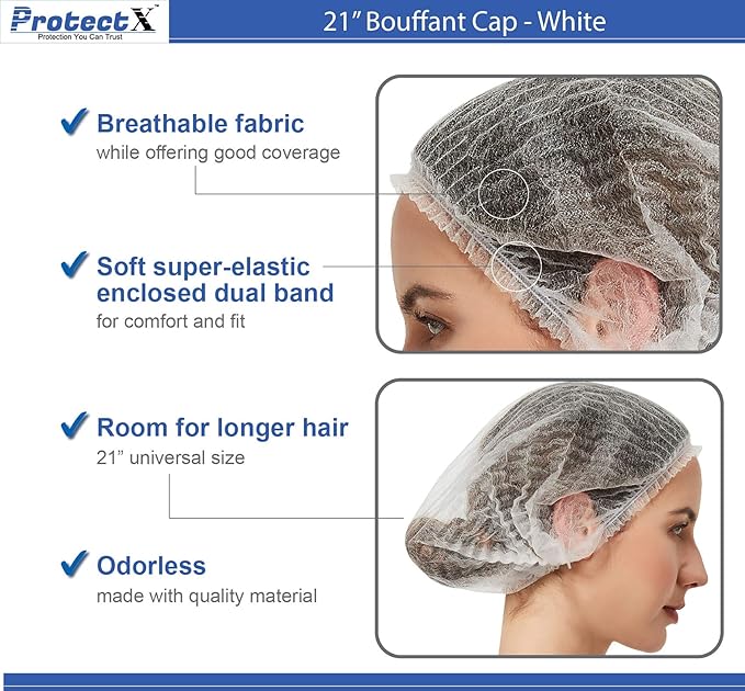 ProtectX 100-Pack White Disposable Hair Nets, Elastic Head Cover, Bouffant Caps, Sanitation Head Cover for Food Service, Spa Men & Women - 21 inch