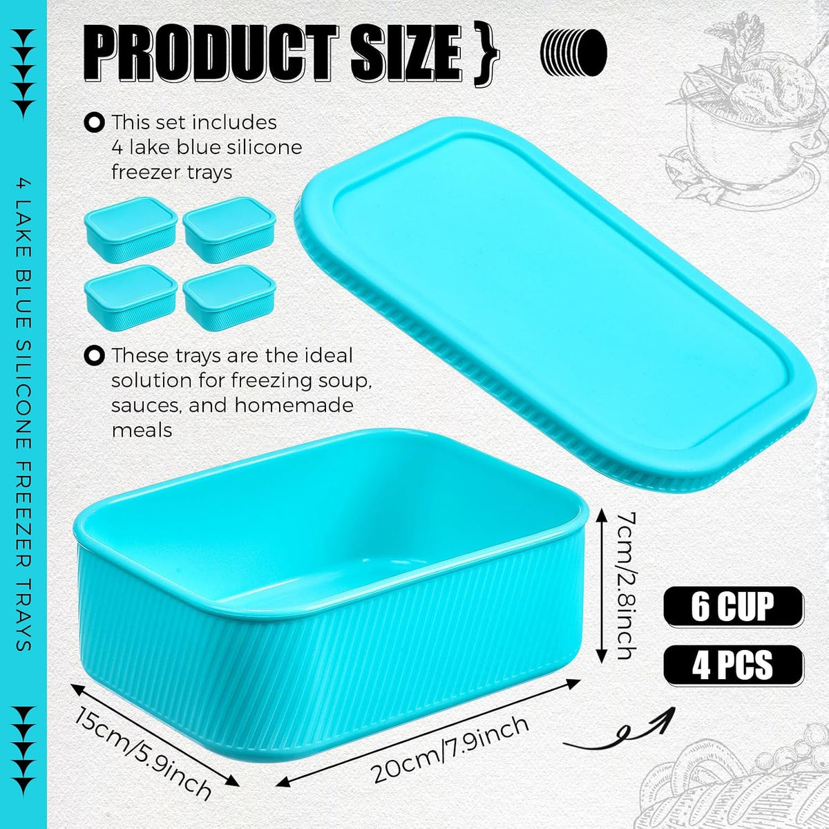 Nuogo 4 Pcs 6 Cup Silicone Freezer Trays with Lid Soup Containers Reusable Freezer Silicone Molds Rectangle Containers Ice Trays for Sauces Stews Curries, Lake Blue