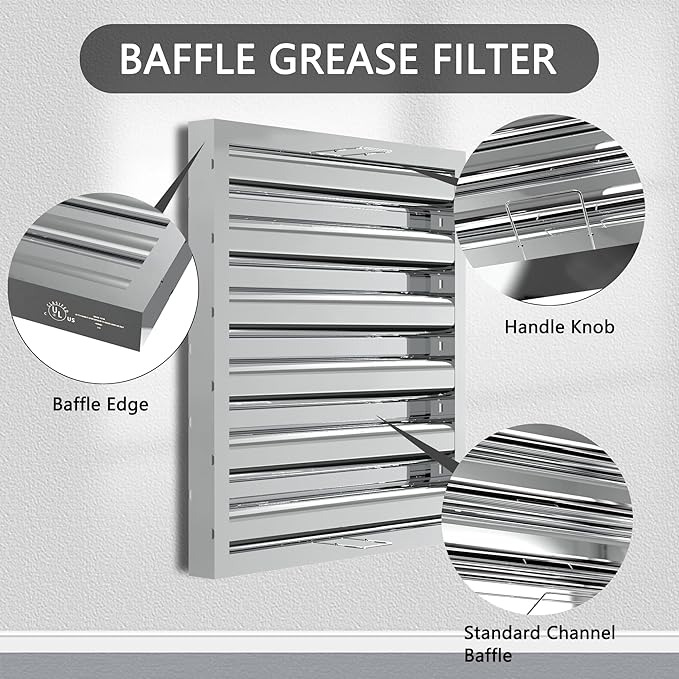 Stainless Steel Commercial Kitchen Hood Filter, Range Hood Baffle Grease Filter for Restaurant Exhaust Hoods, UL/NSF Listed, 19.5W x 19.5H Inch 5 Grooves Hood Filters（5 Pack）