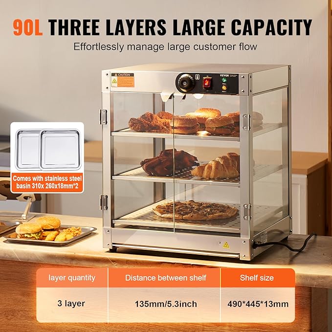 VEVOR 3-Tier Commercial Food Warmer Display, 800W Food Display Warmer with Light to Enhance Food Display, 86℉~185℉ Temperature Control, 90L Large Capacity for Hamburger, Pizza, Bread, Fried Chicken
