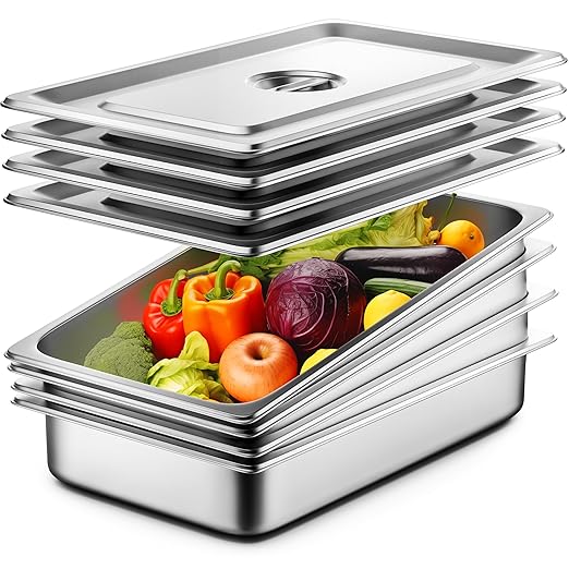 4 Pack Hotel Pans with Lids, 1/1 Full Size 4" Deep Steam Table Pan, 19 Gauge Thickened Stainless Steel Anti Jam Steam Pan, Commercial Food Storage Containers