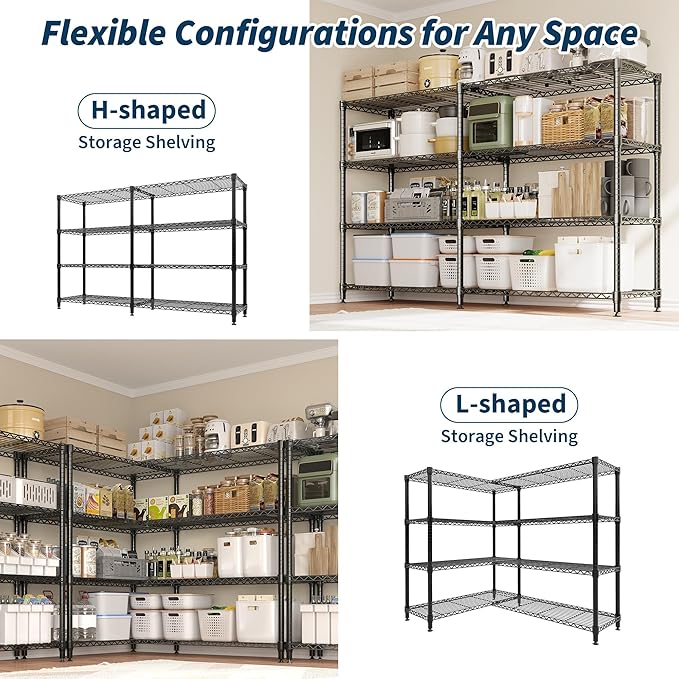GarveeLife 60" H Storage Shelves L-Shaped 1060 LBS Heavy Duty Metal Shelving 4-Tier Wire Shelving for Corner Storage Rack Adjustable Pantry Shelf for Kitchen Pantry, 60" H x 60" W x 13.8" D